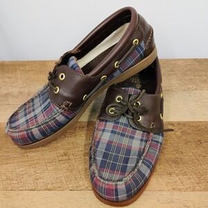 Brooks Brothers Mens Size 8 D Boat Shoes Blue Red Plaid Brown Leather Loafers